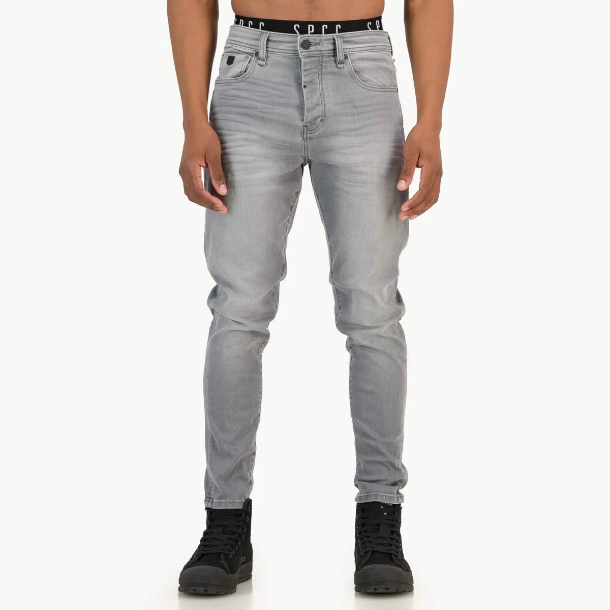 Mens SPCC Asphalt Jeans in washed grey, showing a relaxed fit with classic five-pocket design and durable denim fabric.