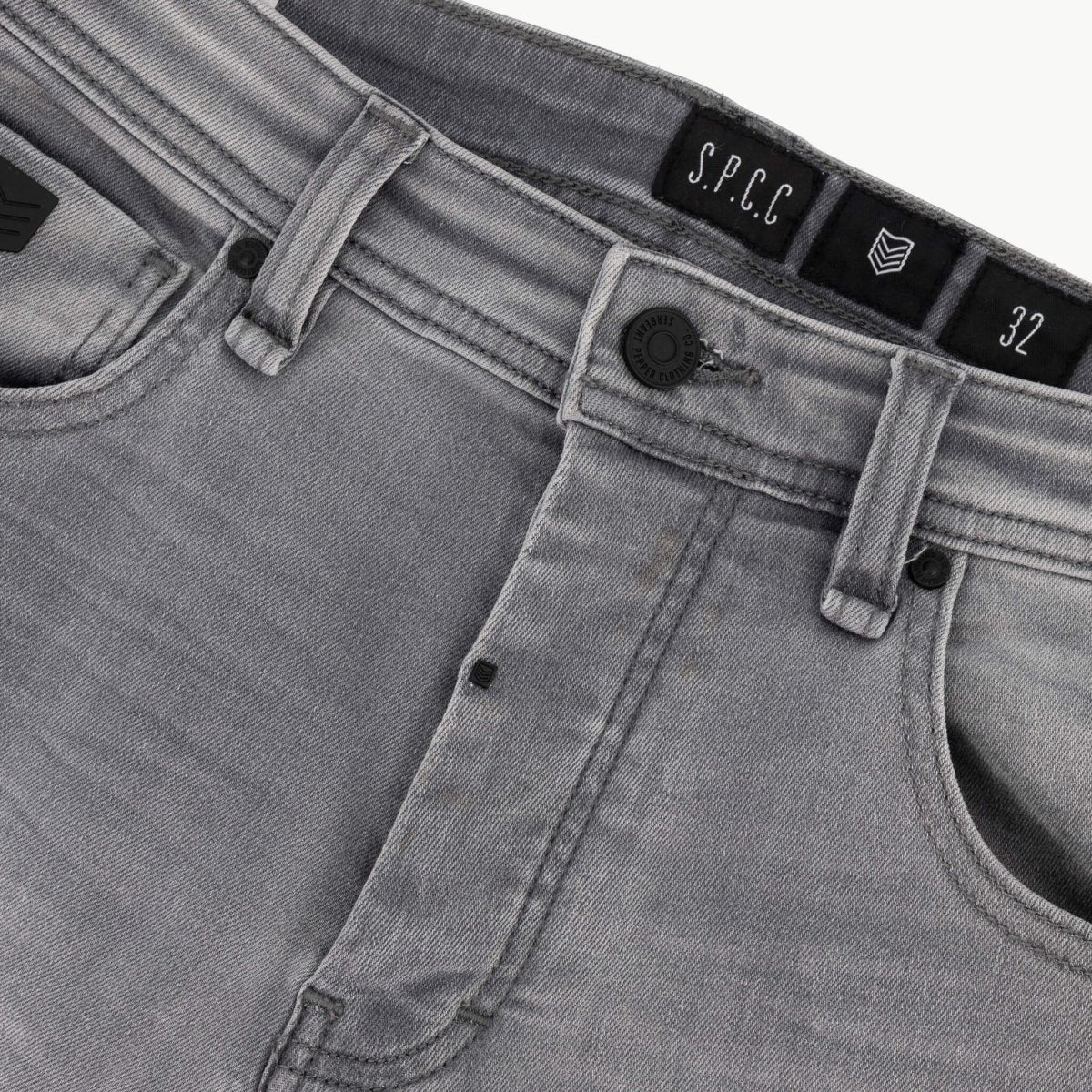 Men's SPCC Asphalt Jeans in washed grey denim, featuring classic five-pocket design and straight-leg fit.