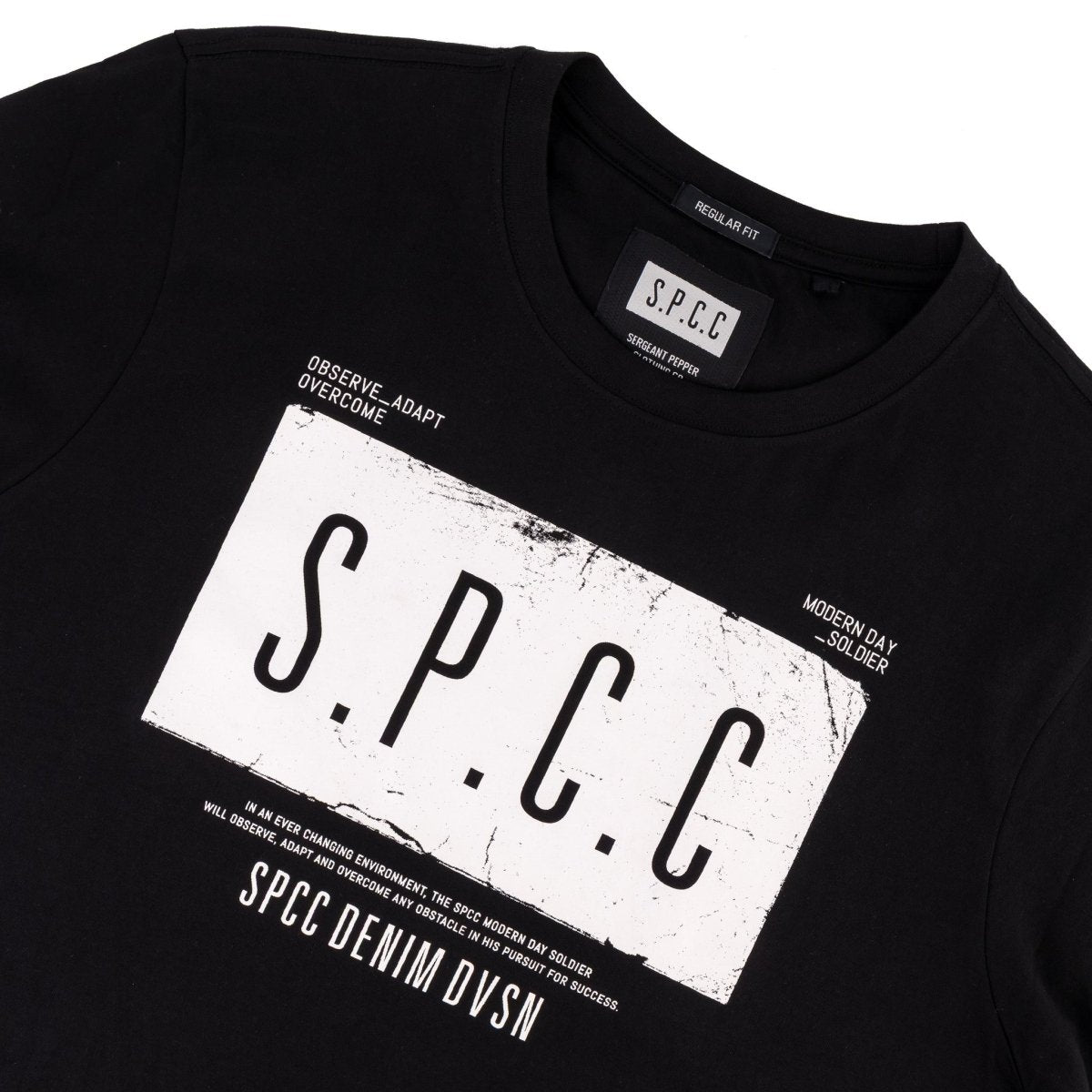 Black SPCC Elias men's T-shirt featuring a classic crew neck and relaxed fit, displayed on a plain background.