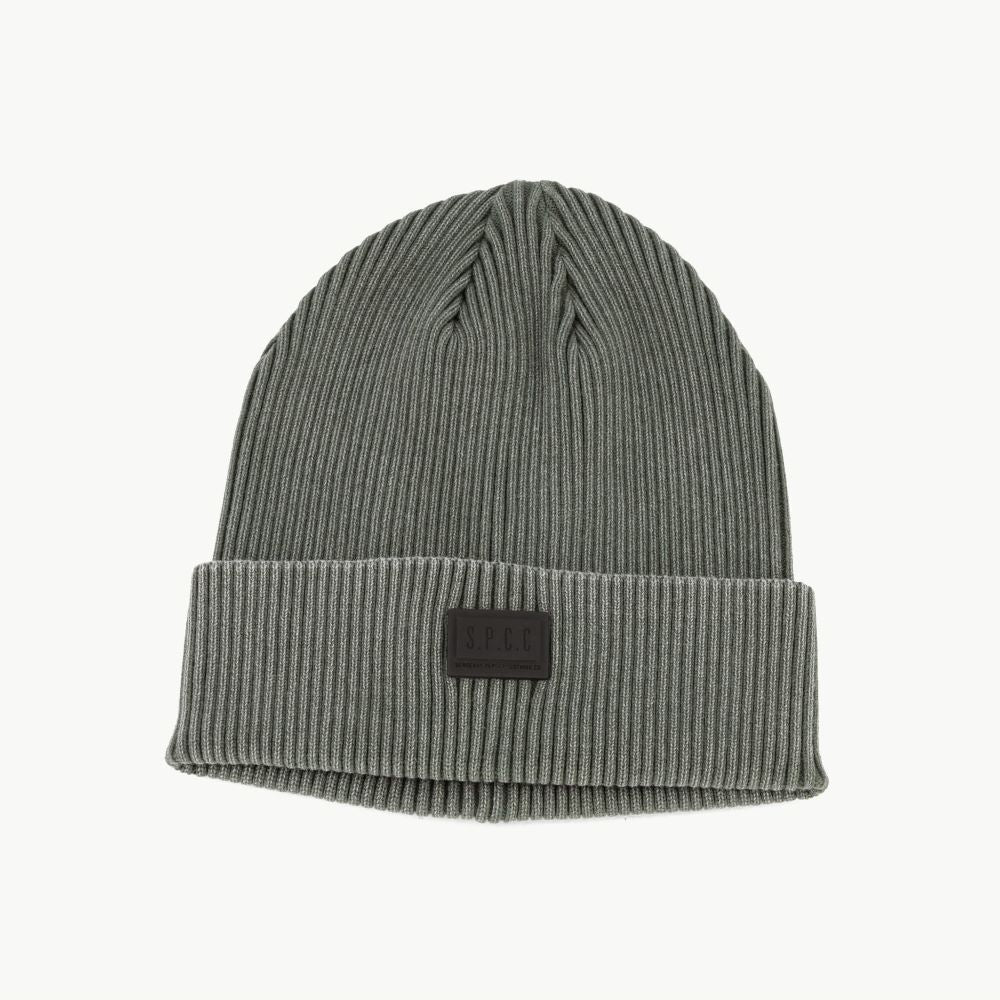 Dark olive SPCC Grover beanie, unisex headwear with a cozy knit texture and folded brim, suitable for casual winter wear.