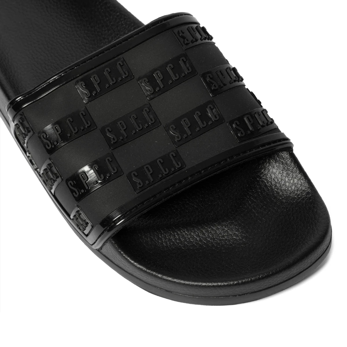 Black SPCC Maxim Slider men's sandals featuring wide straps and cushioned soles for comfortable summer wear.