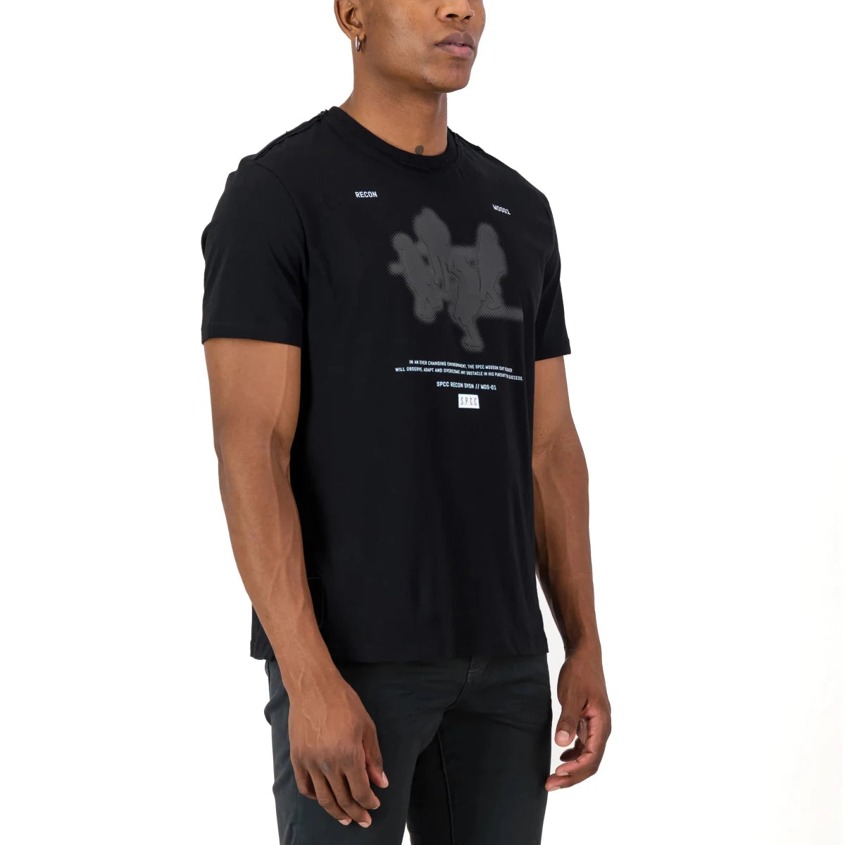 Black SPCC Recon Berrett T-shirt for men, featuring a comfortable fit and minimalistic design, displayed flat on a white background.