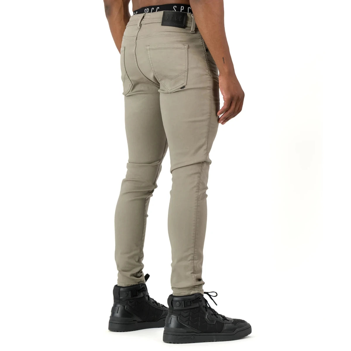 Dark stone SPCC Rodan men's jeans with classic fit, visible front pockets, belt loops, and subtle stitching details.