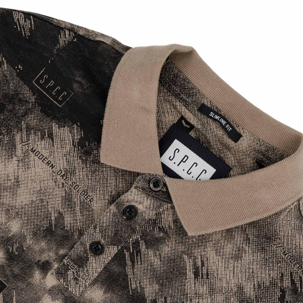 Men's SPCC Ronan Golfer shirt in stone color, featuring a classic golf style with collar and short sleeves.