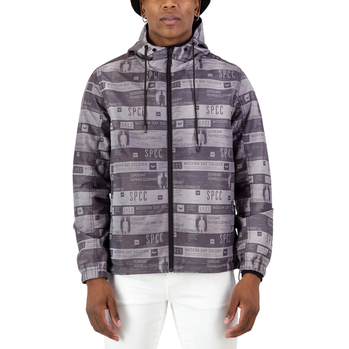 Black SPCC Rowan men's jacket displayed on a hanger, showcasing its sleek design and tailored fit.