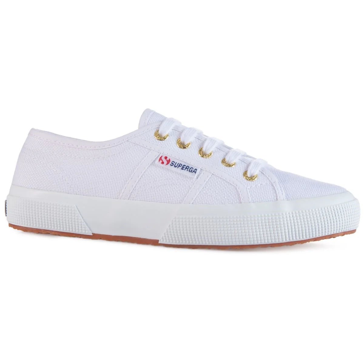 Women's Superga 2750 sneakers in white with pale gold accents, casual canvas shoes for everyday wear.