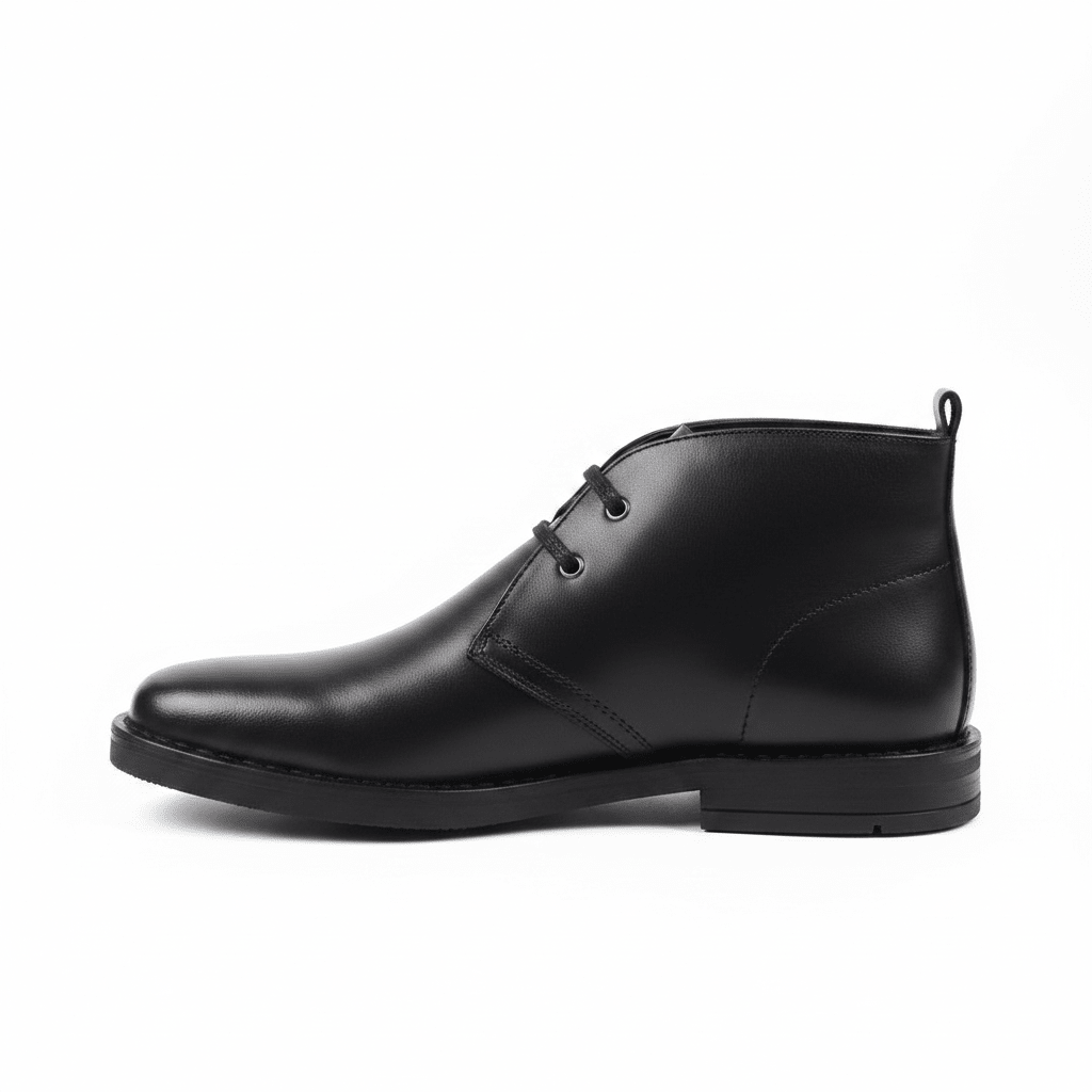 Black leather Tego Vellies men's boots with sleek design and sturdy soles, showcasing style and craftsmanship.