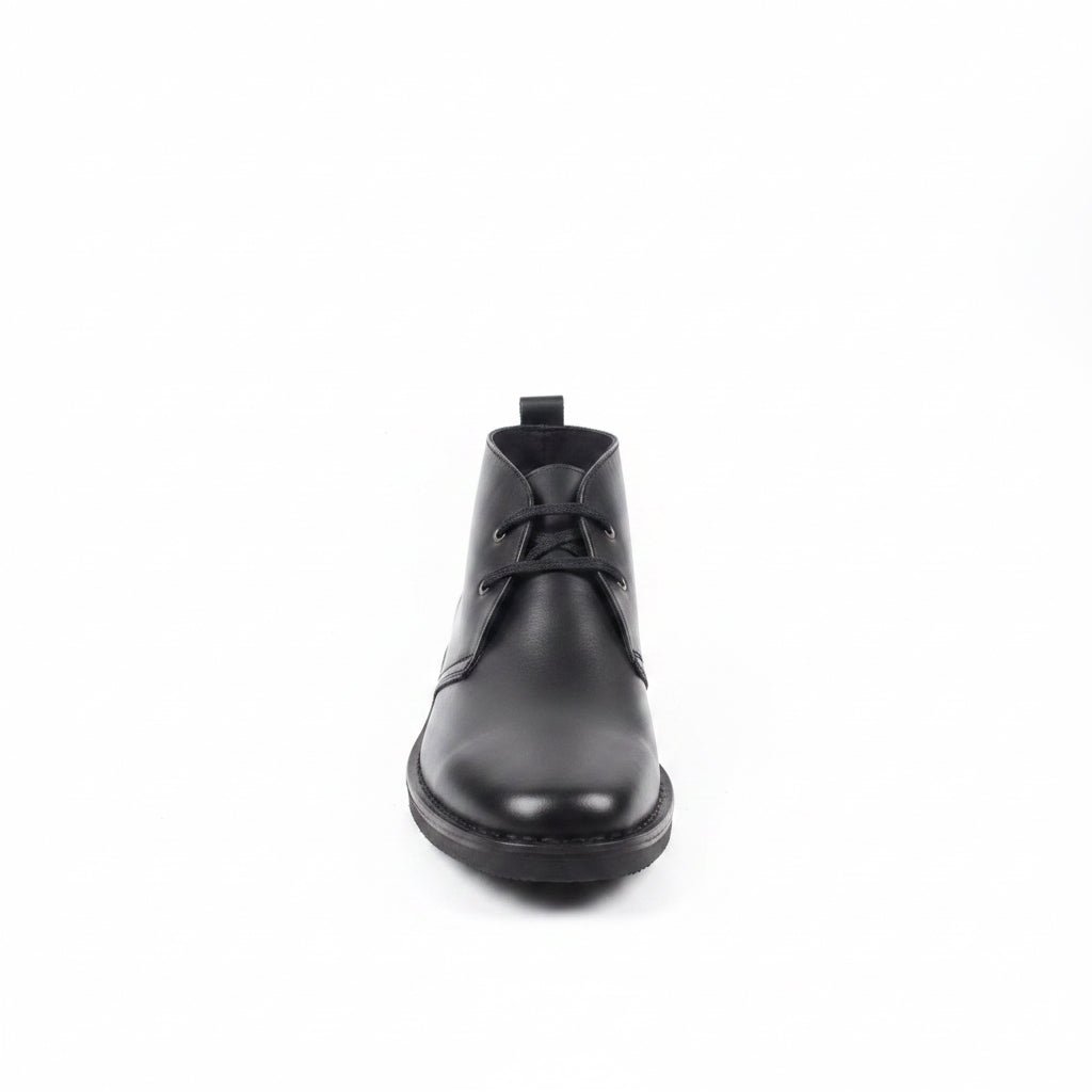 Men's black leather Tego Vellies boots with a sleek mono design, featuring sturdy construction and stylish detailing.