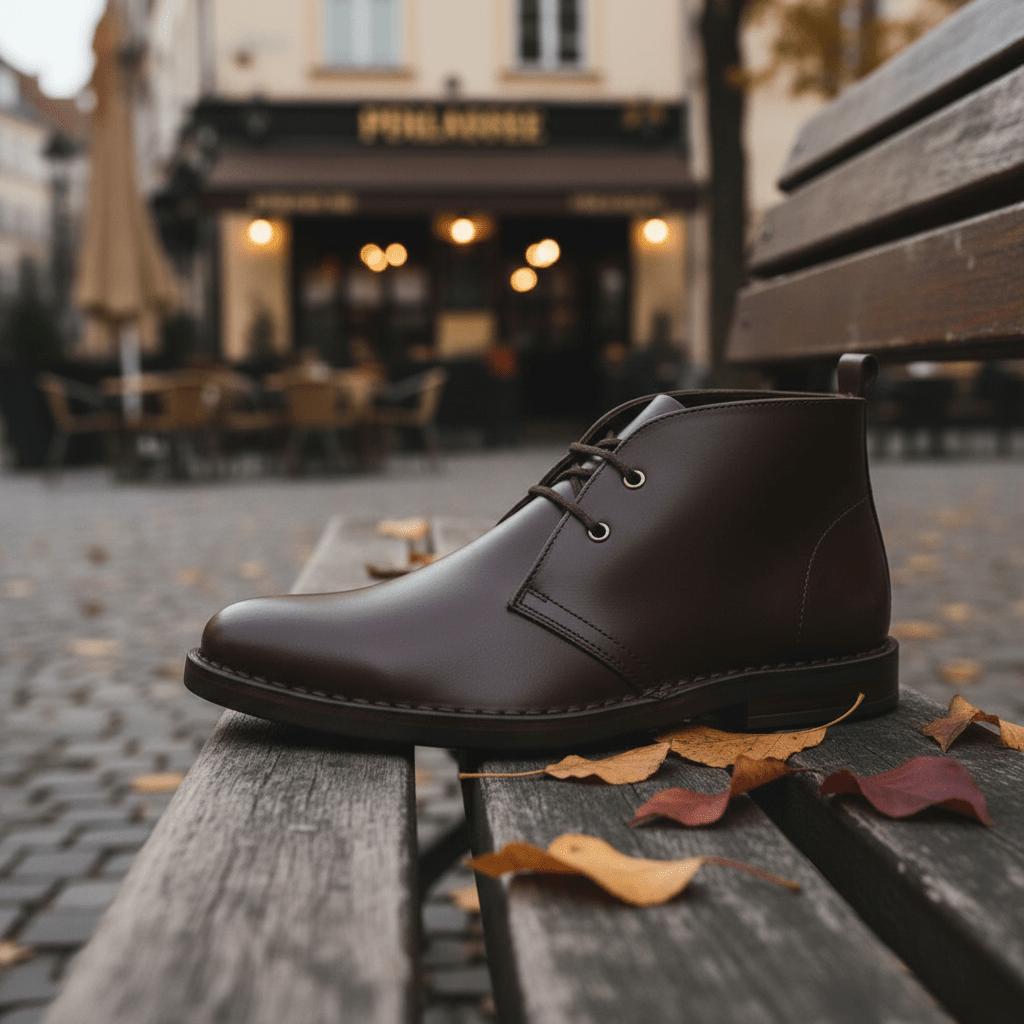 Brown Tego Vellies leather men's boots with a sleek design, featuring subtle stitching and a sturdy sole.