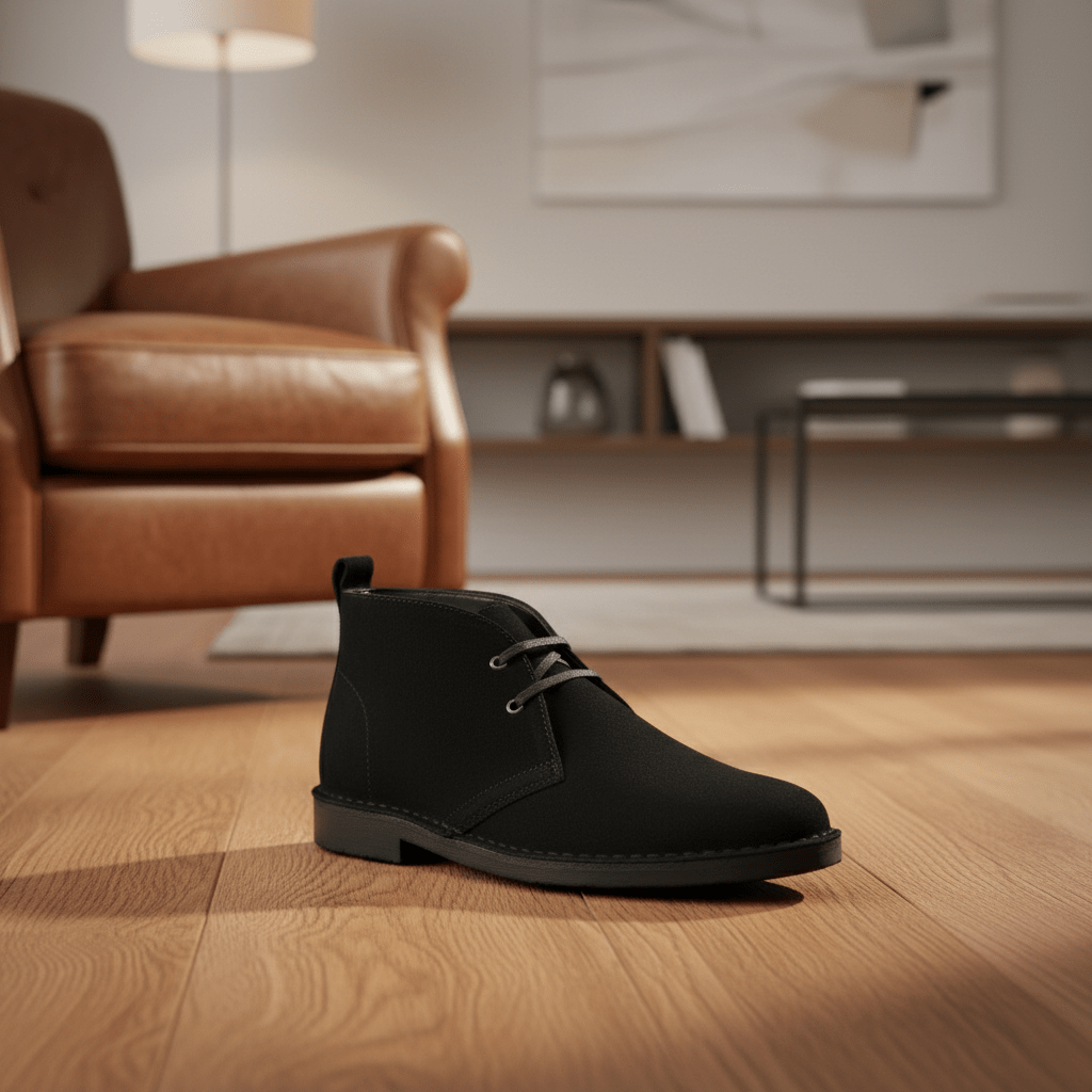 Black Tego Vellies suede men's boots with sleek design and sturdy sole, featuring a monochrome black finish.