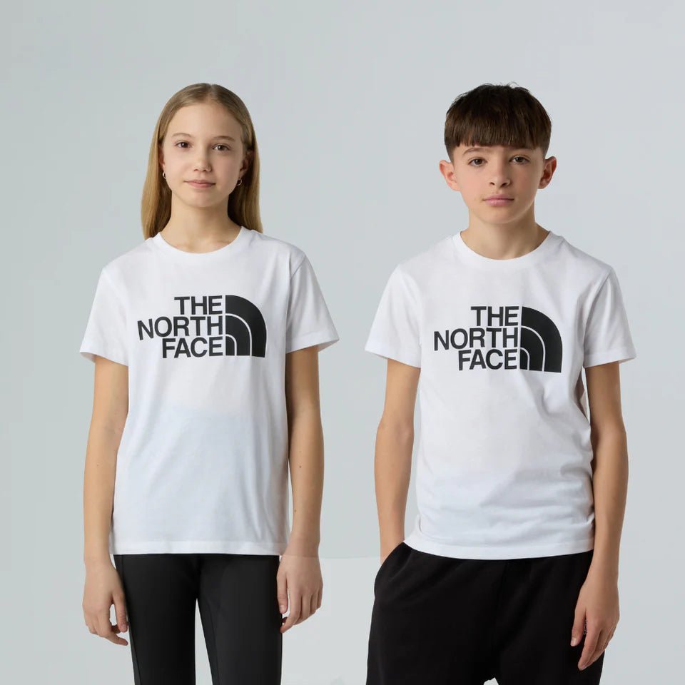 White The North Face kids' Easy Tee T-shirt with logo print, soft cotton fabric, and comfortable fit for children.