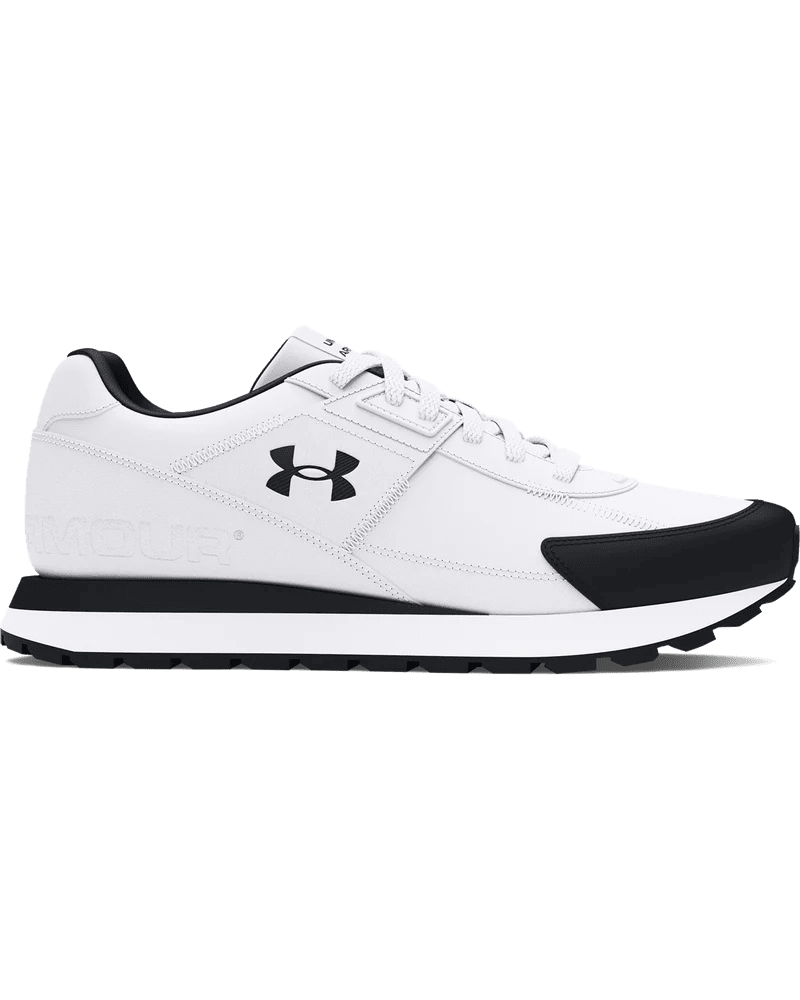 Under Armour Essential Runner men's sneaker in white and black with breathable mesh and cushioned sole for comfort.