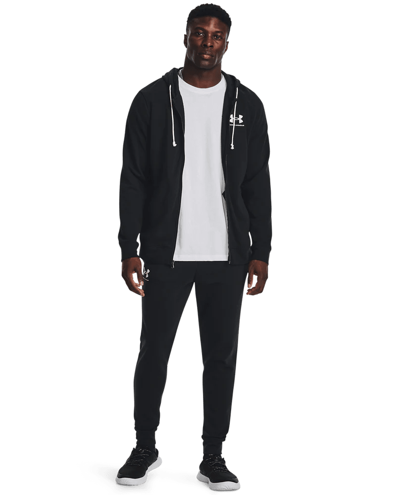 Black Under Armour Rival Terry men's joggers featuring a relaxed fit and drawstring waistband, suitable for casual and athletic wear.