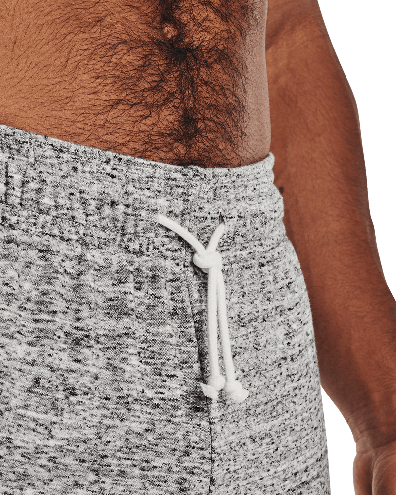 Men's grey Under Armour Rival Terry joggers with a relaxed fit, featuring a comfortable elastic waistband and casual style.