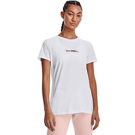 White Under Armour women's short sleeve t-shirt with gradient pill design, lightweight fabric and casual fit.