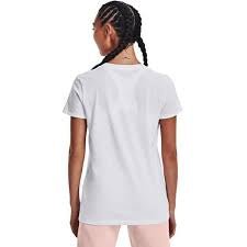 White Under Armour women's T-shirt with gradient pill graphic, short sleeves, lightweight and comfortable fabric.